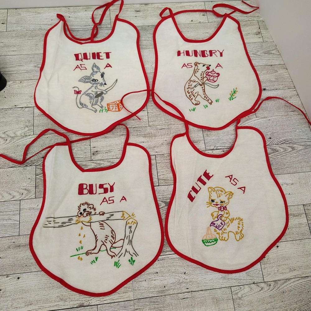 Vintage Baby Bibs Set of‎ 4 Animal Designs Red Trim Funny Cute Mouse Kitten Bear